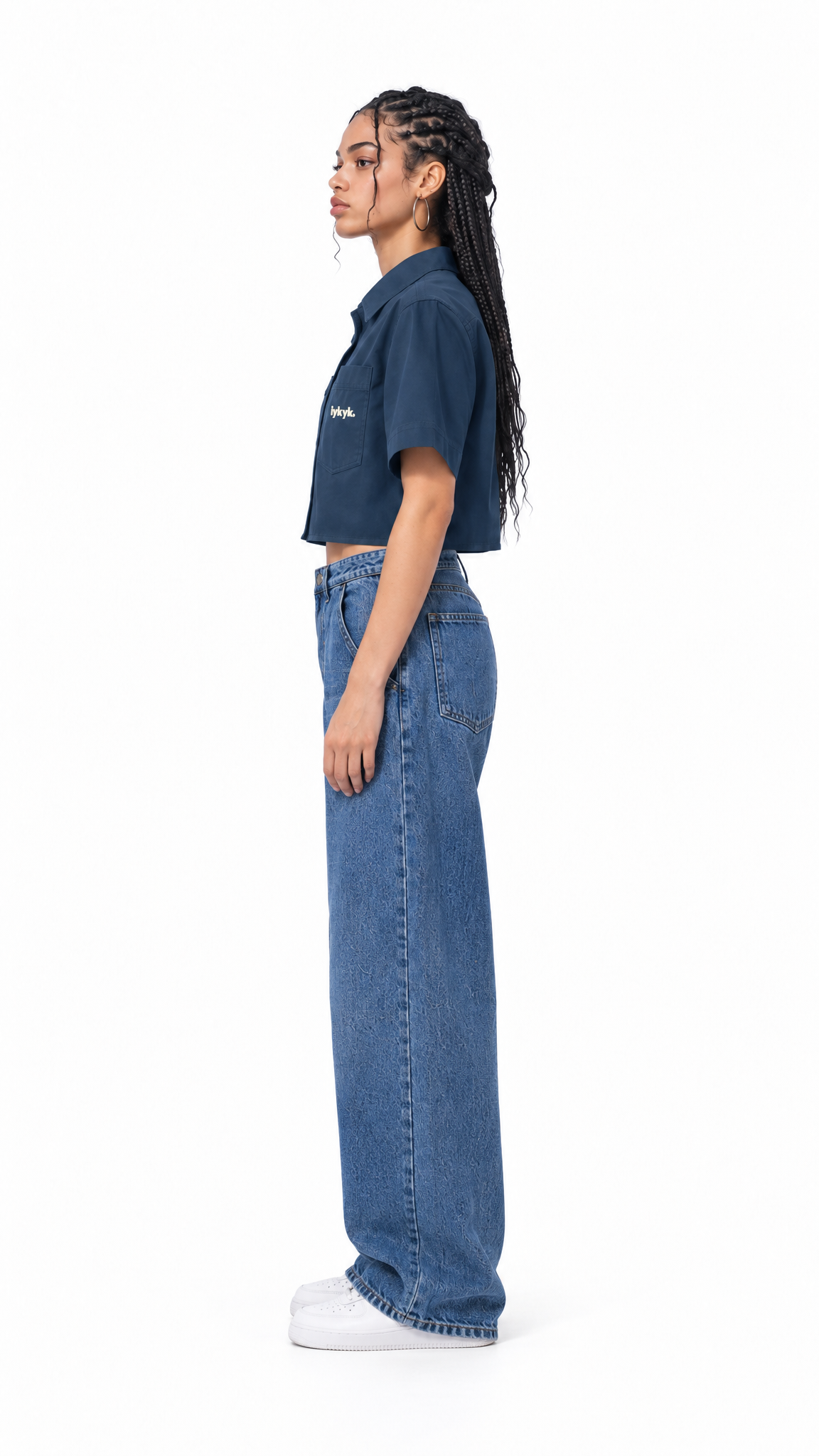 Boxy Script Crop Short Sleeve Work Shirt- womens