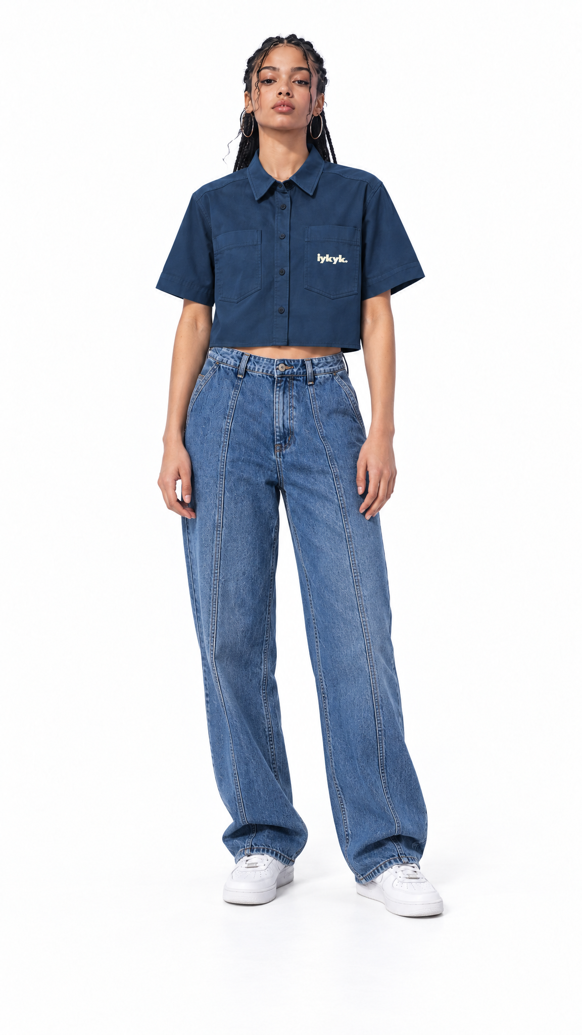Boxy Script Crop Short Sleeve Work Shirt- womens