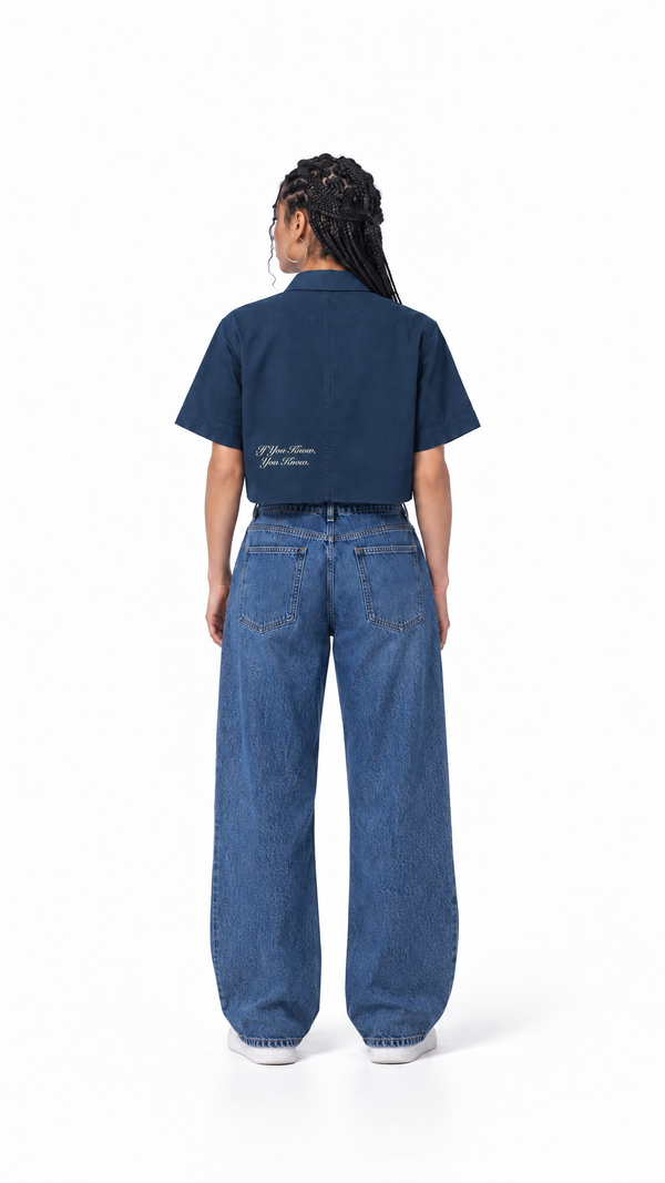 Boxy Script Crop Short Sleeve Work Shirt- womens