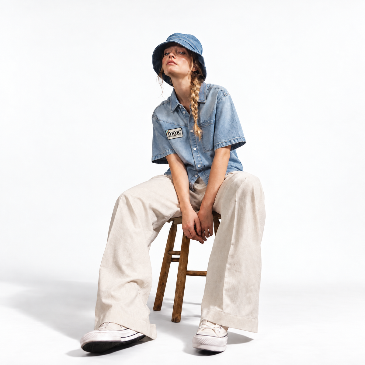 Denim Patch Unisex Vintage Wash Boxy Short Denim Shirt
