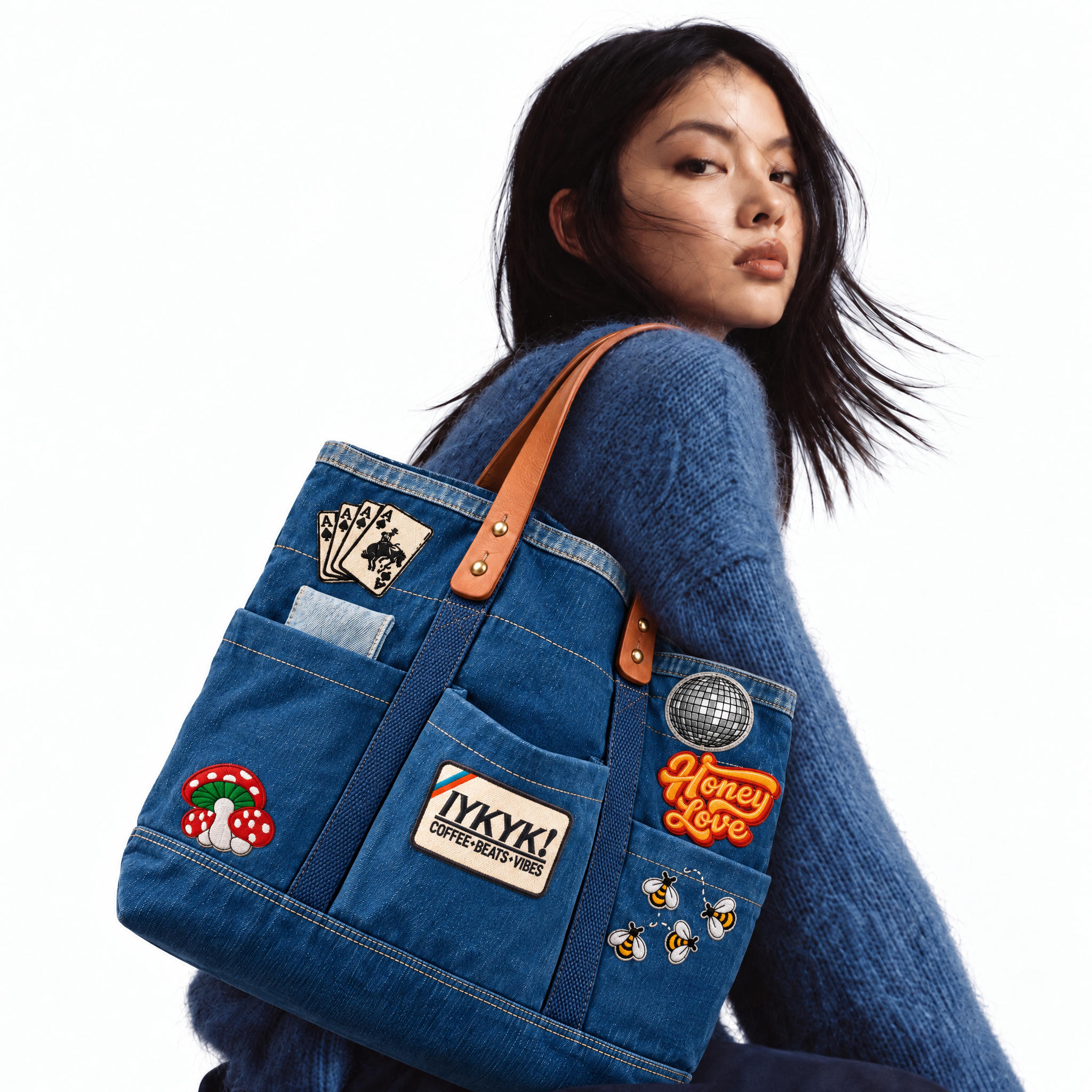 Patch Denim Shoulder Bag