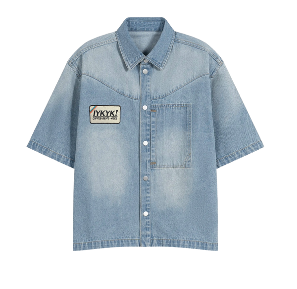 Denim Patch Unisex Vintage Wash Boxy Short Denim Shirt
