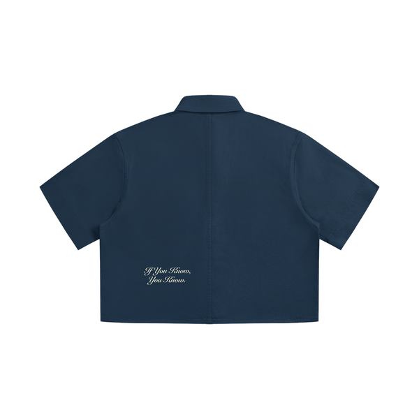 Boxy Script Crop Short Sleeve Work Shirt- womens