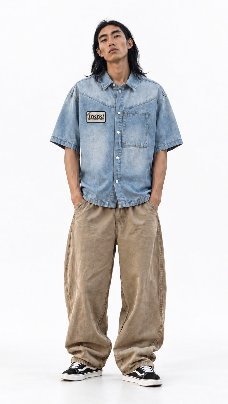 Denim Patch Unisex Vintage Wash Boxy Short Denim Shirt