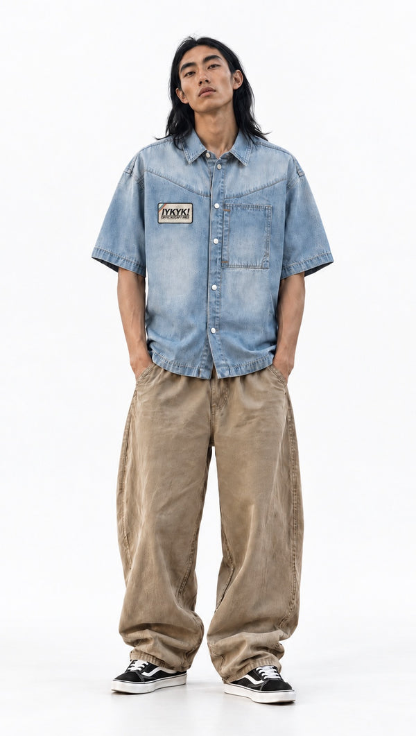 Denim Patch Unisex Vintage Wash Boxy Short Denim Shirt